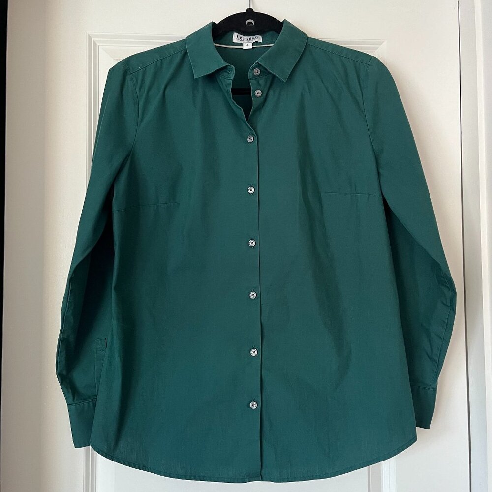 Women's Express Ultimate Essential Fitted Button Down Shirt Green LARGE